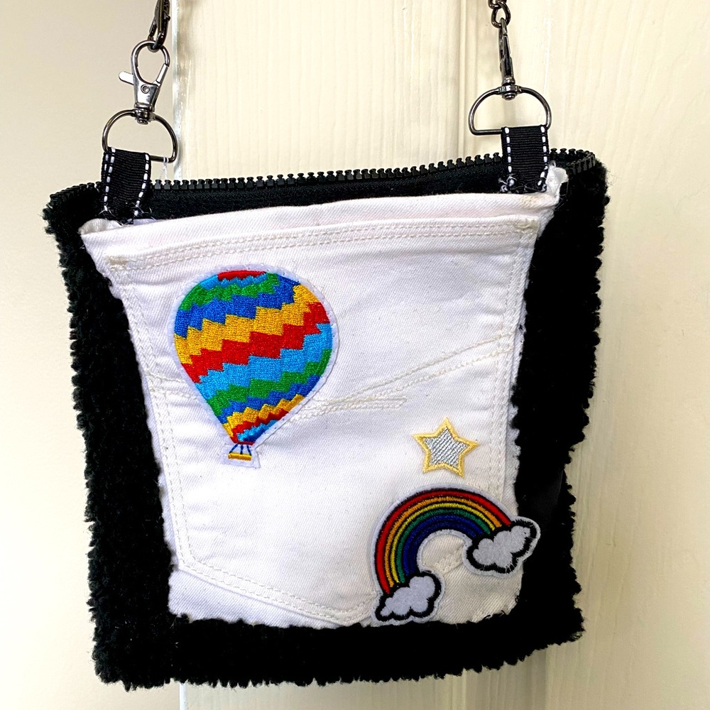 Handmade Rainbow patch denim  and Sherpa mini bag .RawEdge bags by Salina